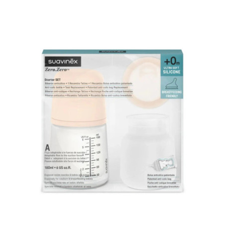 BIBERON ANTICOLICO T SILICONA SUAVINEX ZERO ZERO 1 ENVASE 180 ml SET INICIACION