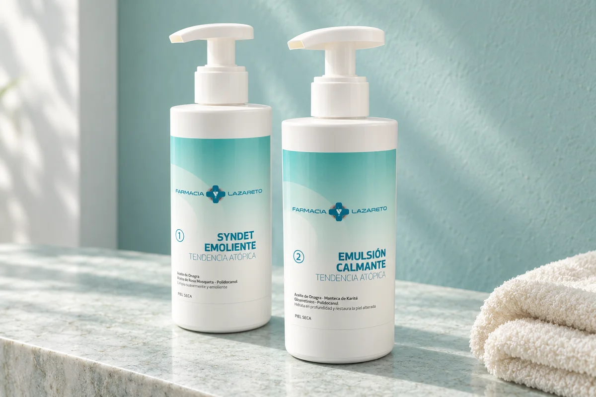 Syndet emoliente y emulsión calmante con envases Farmacia Lazareto
